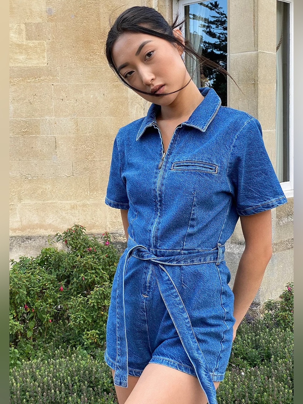 uo hello sunshine denim playsuit